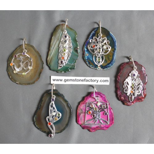 Agate Slab Pendants with Chakra Charms 